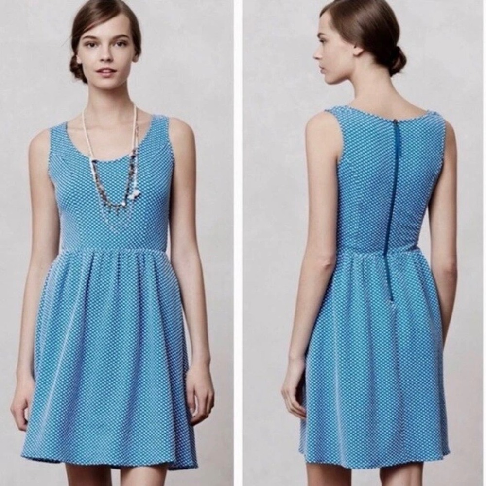 Anthroplogie Maeve Textured Polka Dot Dress‎ Coquette Feminine Blue White XS